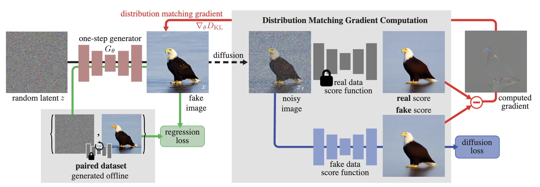 DMD training framework. Two diffusion models estimate scores for real and fake distributions, and their difference provides the learning signal.